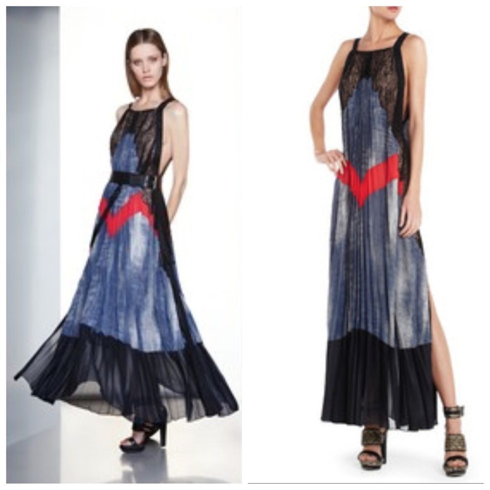 BCBGMaxAzria Runway gown in Black, Blue, and Red… high neck lace maxi dress - Picture 3 of 8